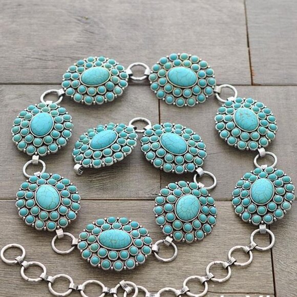 Western Turquoise Flower Concho Floral Oval Burst Medallion Belt S/M by Tipi 41" - Picture 2 of 3